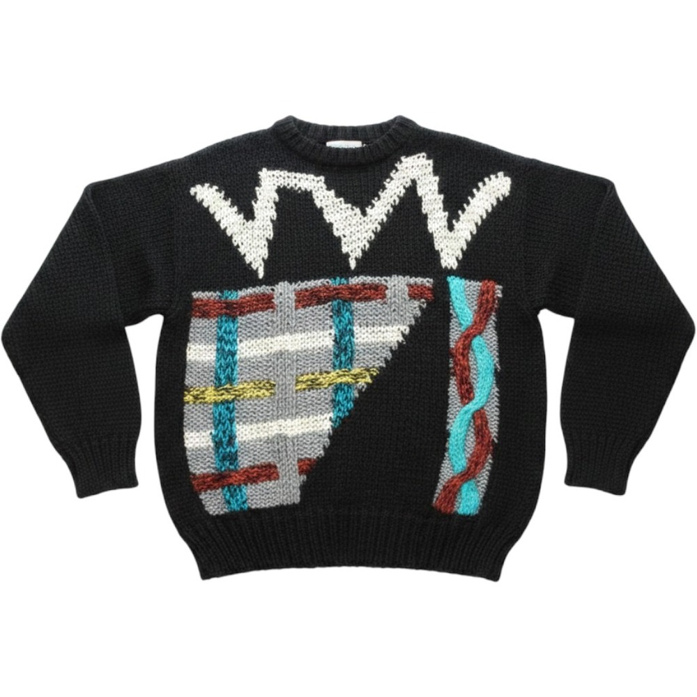 VTG Wayne Scott Mens M 3D Knit Sweater Black Abstract Grandpacore Retro Eclectic